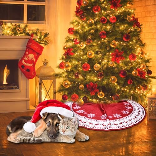 Christmas Tree Skirt 48 inch Large Tree Skirt Snowflake Reindeer Red Xmas Tree Skirt Rustic Christmas Tree Mat Decorations for Winter New Year Holiday Party Decor Indoor Outdoor - Image 6
