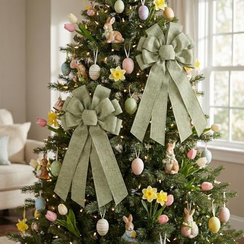 Mint Green Large Bow for Wreath Tree Topper 11x21 Inch Linen Texture Wired Ribbon Big Bows for Front Door Spring Easter Summer Decor Gift - Image 6