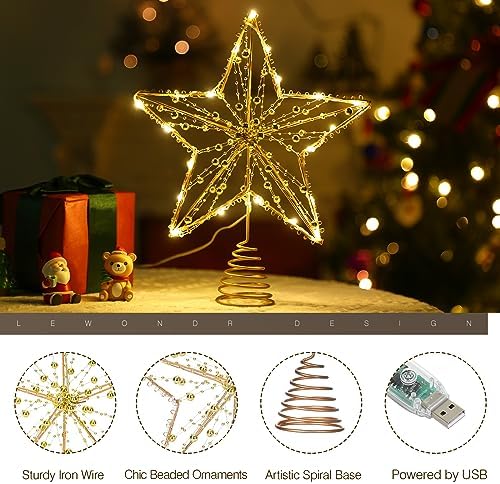 Lewondr Metal Christmas Star Tree Topper with Lights and Beads, Gold - Image 6