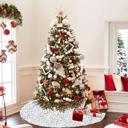 Silver White Sequin Tree Skirt 36 Inch Mini Tree Skirt Glitter Christmas Tree Skirt for 6ft Xmas Home Holiday Party Decoration - Image 7
