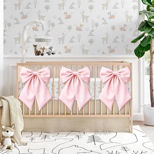 Big Pink Bow Coquette Room Decor, 23x11 Inch Satin Bows Large Pastel Pink Bows Birthday Decorations as Crib Skirt for Christmas Tree Topper Girl Room Xmas Gift Wrapping Bachelorette Baby Shower (3pcs) - Image 7
