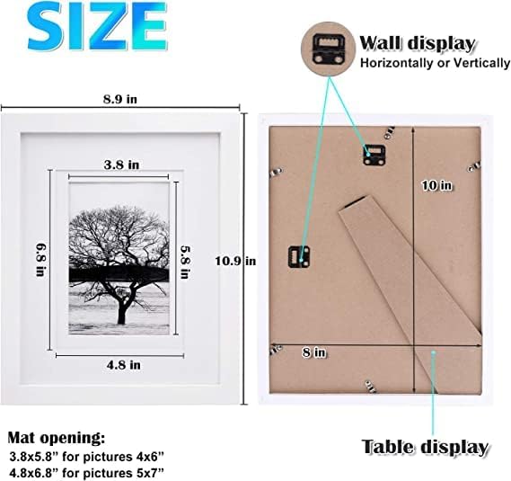 Egofine 8x10 Picture Frames Set of 6, Made of Solid Wood Covered by Plexiglass Display 4x6 and 5x7 with Mat or 8x10' without Mat, for Table Top Display and Wall Mounting Photo Frame White