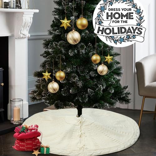 White Christmas Tree Skirt 24 Inch, Knitted Tree Skirt for 4Ft Pencil Tree, Vintage Thick Small Tree Skirt for Christmas Trees Decoration, Xmas Home Indoor Farmhouse Decorations - Image 7