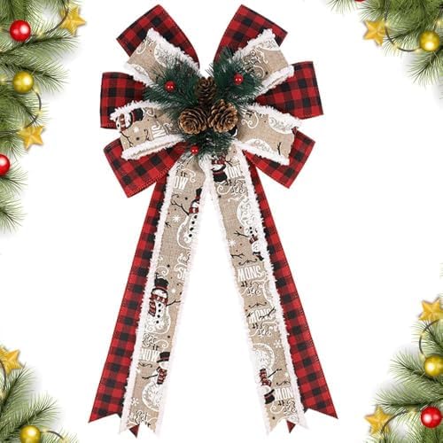 Christmas Pine Cone Bows - Large 20 x 11 Inches Red Black Buffalo Plaid Bow for Home, Front Door, Xmas Tree Topper, DIY Craft, Winter Holiday Decorations by CHMOART