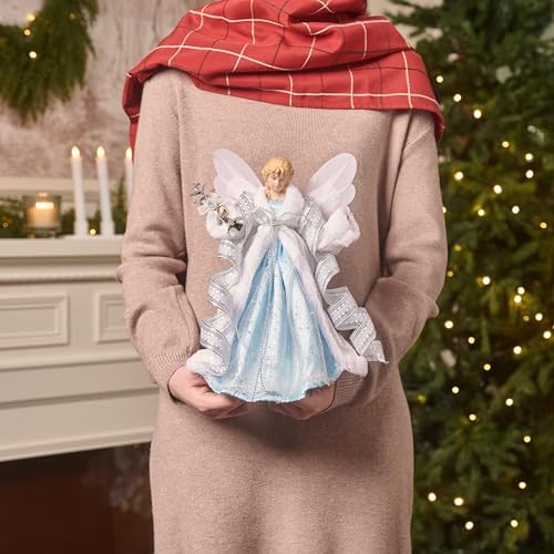 Valery Madelyn Lighted Christmas Tree Topper Angel with Timer, 12 Inch Blue and Silver Fabric Small Angel Tree Topper with Lights for Christmas Tree Decoration Indoor, Battery Operated - Image 6