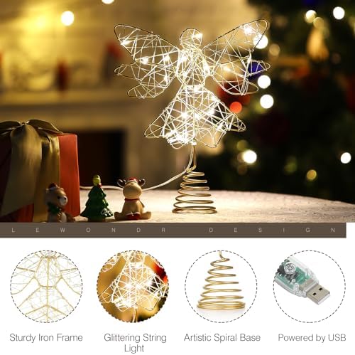 Lewondr Christmas Tree Topper Angel, 9.8" Lighted Metal Angel Treetop, Gold - Image 6