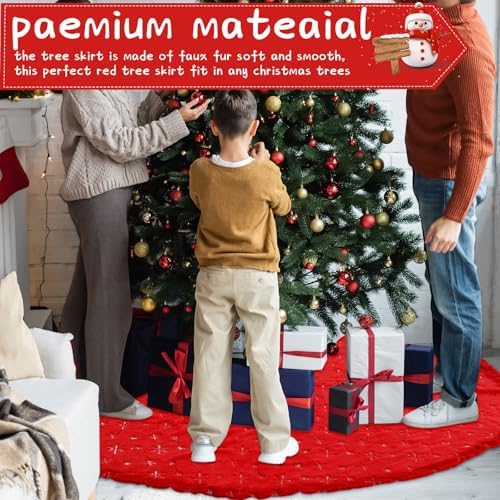 Libima 84 Inches Large Christmas Tree Skirt Faux Fur Red Xmas Tree Skirt Plush Velvet with Silver Sequins Snowflakes for Xmas Decorations Merry Christmas Party Winter Holiday Ornaments - Image 6