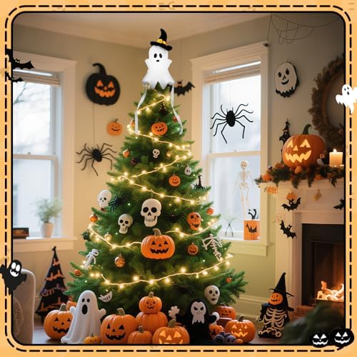 11.8'' White Ghost Plush Halloween Tree Topper with Witch Hat - Image 6
