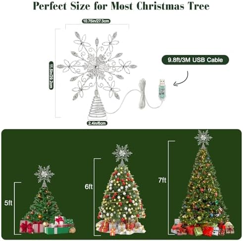 Lewondr Christmas Snowflake Tree Topper with Lights and Gem, White - Image 6