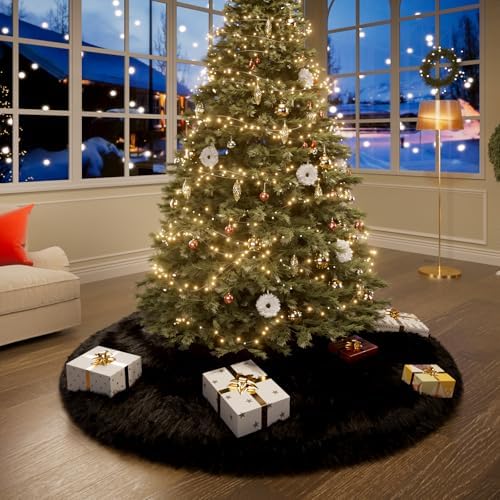 60 Inch Black Faux Fur Christmas Tree Skirt Plush Xmas Tree Base Cover - Image 6