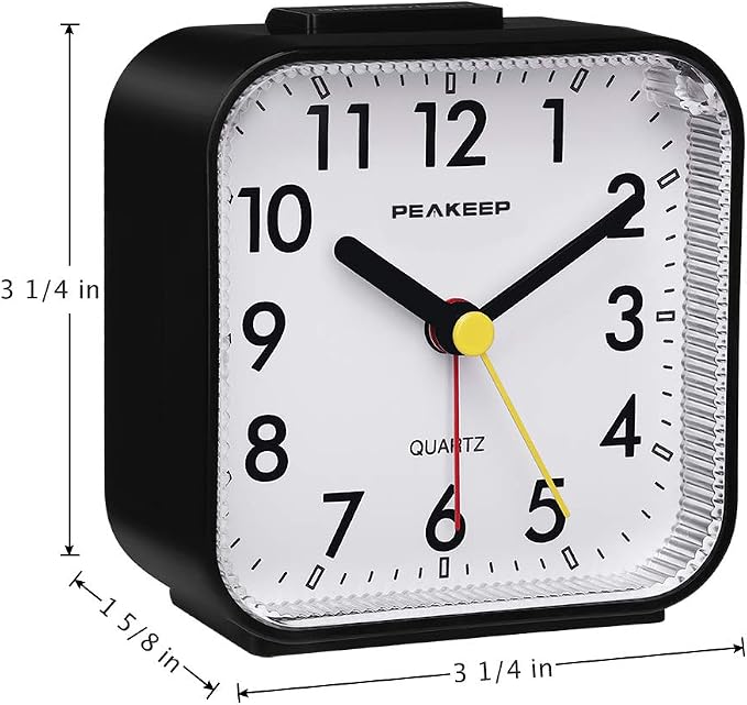 Peakeep Small Battery Operated Analog Travel Alarm Clock Silent | No Ticking, Lighted on Demand and Snooze, Beep Sounds, Gentle Wake, Ascending Alarm, Easy Set (Black) - Image 7