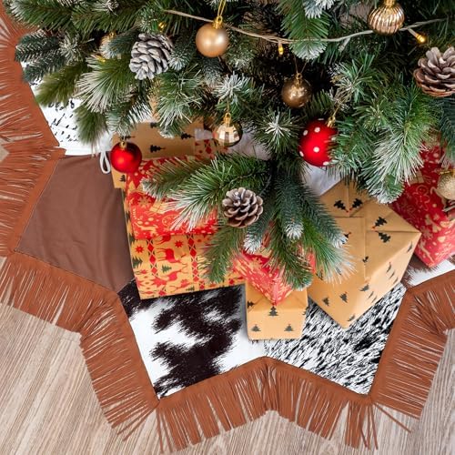 Shappy Western Christmas Tree Skirt 48 Inch Cows Print Tree Skirts Decorations Cowboy Christmas Skirt with Tassel Decorations Mats for Xmas Party Holiday Ornament Home (Stylish) - Image 7