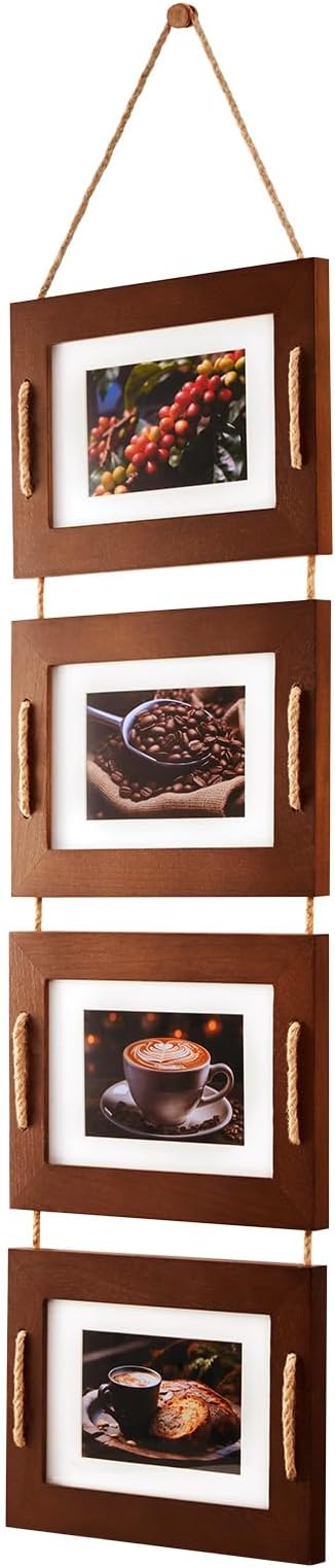 DLQuarts 5x7 Hanging Collage Picture Frames Wall Decor, 4-Opening 5x7 Matted to 3.5x5 Photo Rustic Wood Frame with Hemp Rope, 1 Pack, Dark Walnut