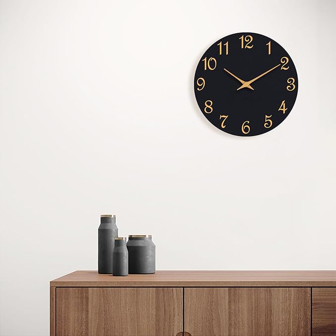 Wall Clock, 10 Inch Modern Wall Clocks Battery Operated, Silent Non Ticking Clock Decorative for Kitchen, Living Room, Bathroom, Office, Bedroom(Black Gold)