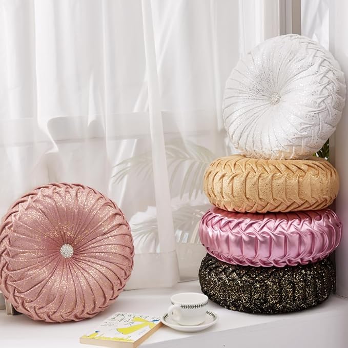 EUCIOR Round Throw Pillows,Blush Pink Throw Pillow,Soft Spandex Fabric,Pumpkin Pleated Handmade Pink Metallic Round Decorative Pillow for Sofa Bedroom Livingroom