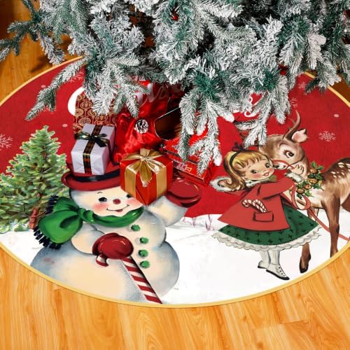 Poen 48 Inch Christmas Tree Skirt Vintage Snowman Red Farmhouse Holiday - Image 7