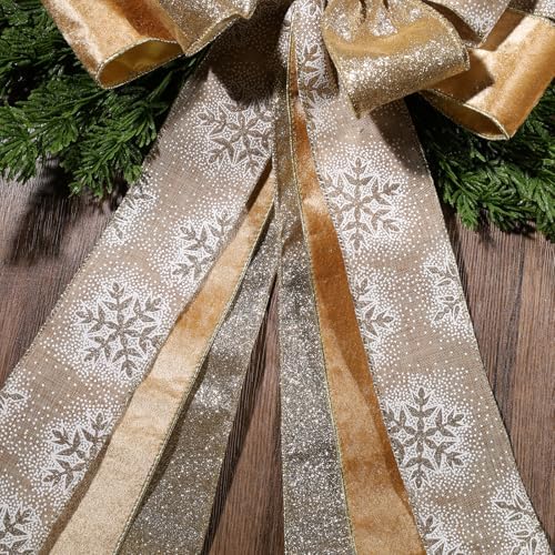 LaRibbons Large Gold Christmas Tree Topper Bow, 12"x45" Glitter Snowflake Ribbon Bow for Christmas Tree Decoration, Elegant Holiday Tree Ornament, Xmas Indoor Outdoor Decor - Image 6