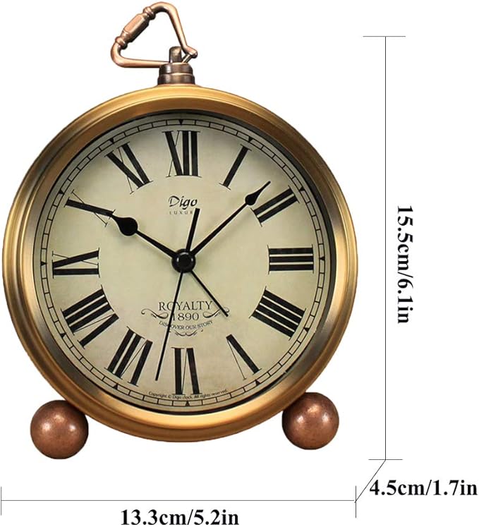 Maxspace Metal Golden Table Clock, Retro Vintage Non-Ticking Small Alarm Clock,Battery Operated Silent Quartz Movement HD Glass Desk Clock for Bedroom Living Room Indoor Decoration Kids?€? (Roman2)