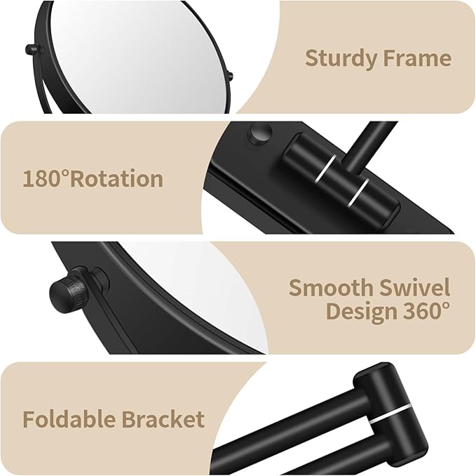BTremary 8” Wall Mounted Magnifying Makeup Mirror 1X/7X Wall Mount Mirror Swing Arm Two-Sided 360° Swivel Bathroom Shaving Mirror for Men and Women in Hotel/Home, Black