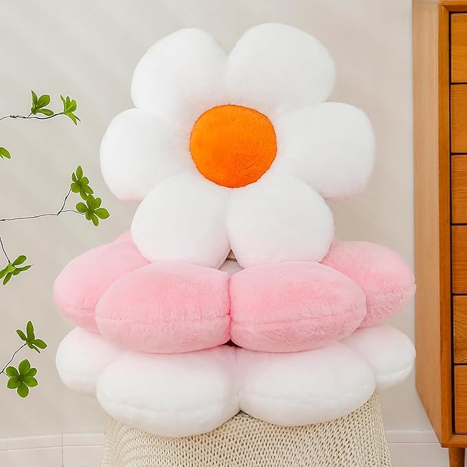 CANGHI 3 PCS Flower Pillows Flower Shaped Throw Pillow Cute Daisy Pillows Seating Cushions for Adults Kids Home Bedroom Sofa Chair Couch Decor (White/Pink/Green, 15.74 inch)
