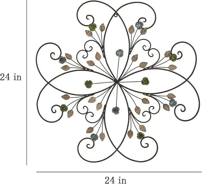 KUWIVO Lechesis 24" Metal Flower Scroll Wall Art Decor Sculptures with Rust Leaf for Living Room Bedroom