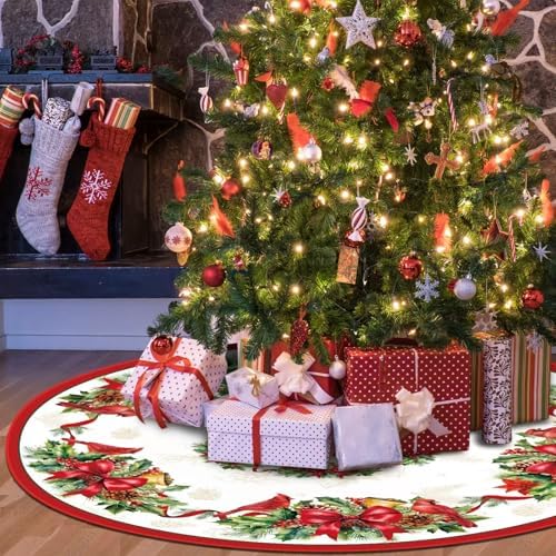 Blosssound Christmas Tree Skirt Buffalo Plaid Retro Red Truck Xmas Tree Skirt for Winter Holiday Farmhouse Christmas Party Decoration(48 Inch,Holly,Red, Green) - Image 7