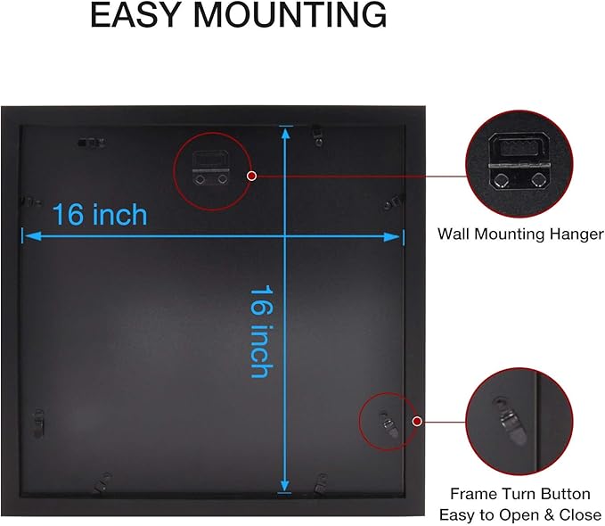 Egofine 16x16 Picture Frame Wood Black, Mats 9 Opening 4x4 Pictures, Display Multiple 4x4 Pictures, Covered by Plexiglass, Set of 2