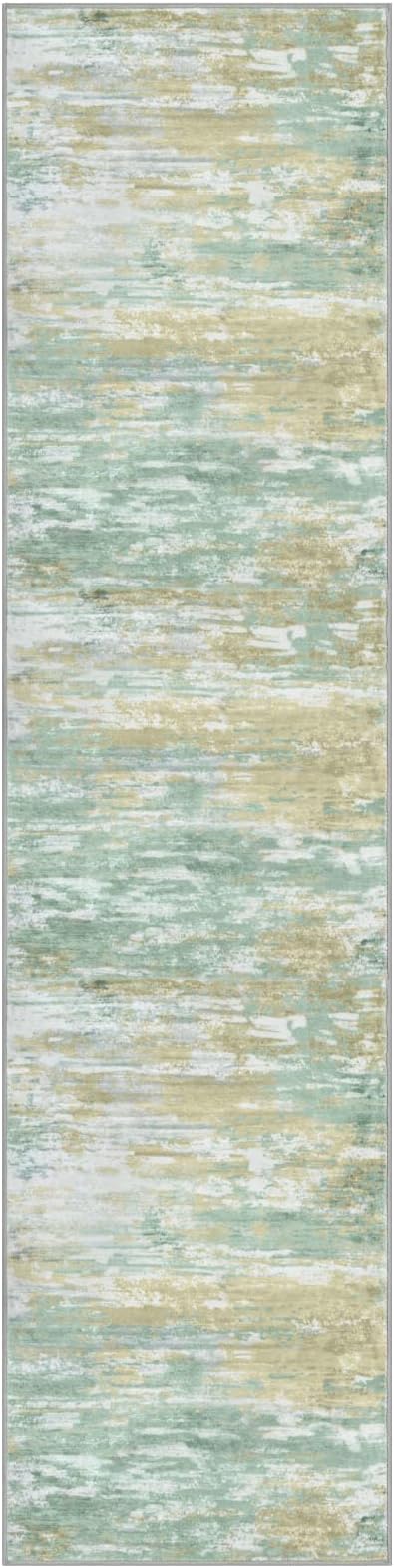 KOZYFLY Modern Abstract Hallway Runner Rug, 2x8 Kitchen Rugs Non-Slip Washable Soft Striped Runner Rugs, Print Light Green Yellow Carpet Runner for Entryway Bathroom Laundry Room Foyer