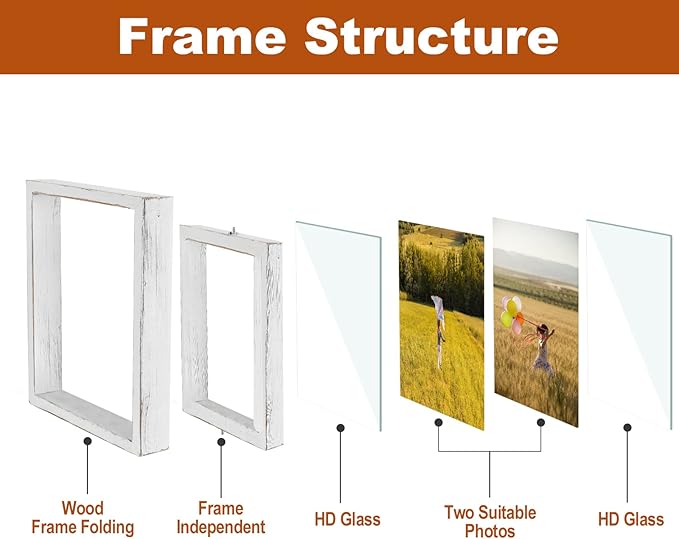 Egofine 2 Pack 8x10 Rotating Floating Picture Frames,Double-Sided Display with HD Glass Front Wooden Distressed Frame for Vertical or Horizontal Tabletop Display, White
