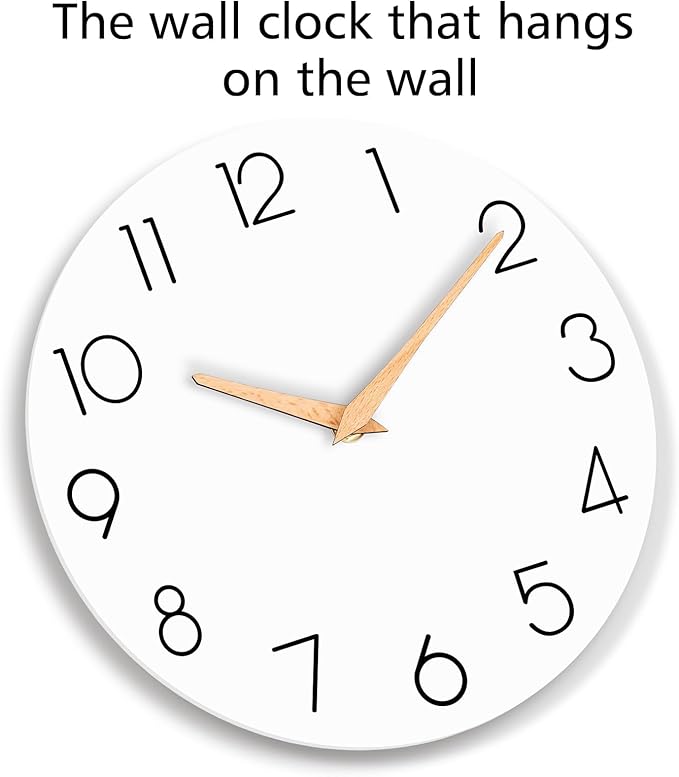 Wall Clock, 10 Inch Wooden Silent Non-Ticking, Decorative Battery Operated Wall Clocks for Bedroom, Kitchen, Home, Living Room, Office, School, Hotel (White)