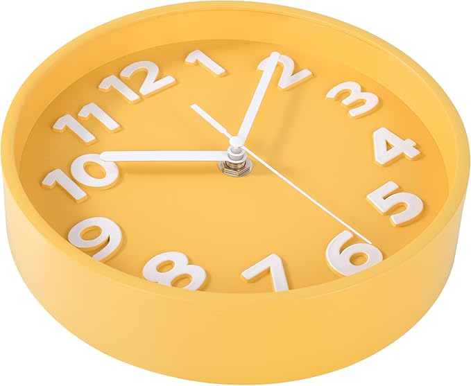 45MinST 8-Inch Yellow Modern Wall Clock ?€? Silent Non-Ticking, 3D Large Numbers, Accurate Timekeeping | Decorative Wall & Desk Clock with Stand for Living Room, Bedroom, Kitchen, or Office
