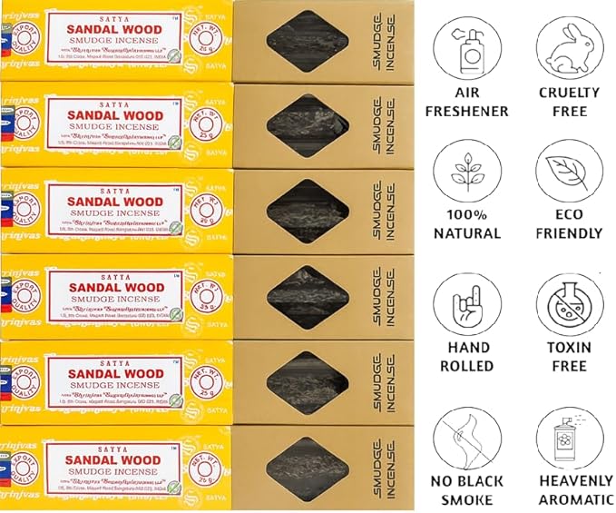 Satya Smudge Incense Stick ?€? Hand-Rolled Indian Masala Incense for Meditation, Yoga & Spiritual Cleansing Pack of 6 (Smudge Sandalwood)