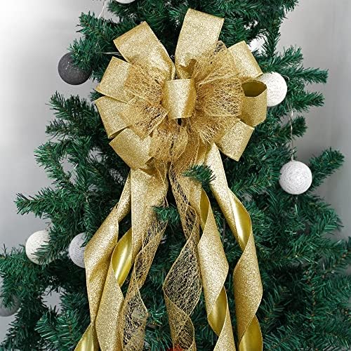 MEEDEE Gold Glitter Christmas Tree Topper - 12" Wide Snowflake Ribbon Bow - Large Gold Bows for Christmas Tree Decoration (1 Pack) - Image 6