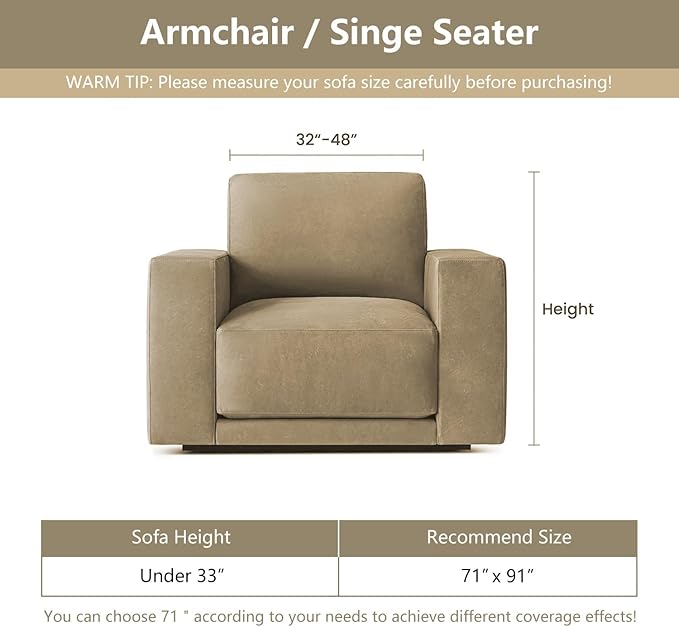 MYSKY HOME Oversized Armchair Couch Cover for 1 Cushion Couch, Washable Sofa Protector, Chair Couch Covers Sofa Covers Sofa Throws Sofa Slipcovers Futon Cover for Pet, Kid, 71"X91", Sand