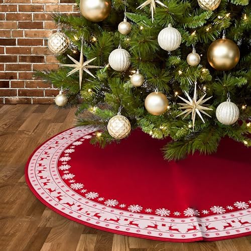 Christmas Tree Skirt, Red Tree Skirts 48 Inch with Snowflake Reindeer Rustic Farmhouse Xmas Tree Skirt Christmas Decorations for Holiday Party Decor - Image 5
