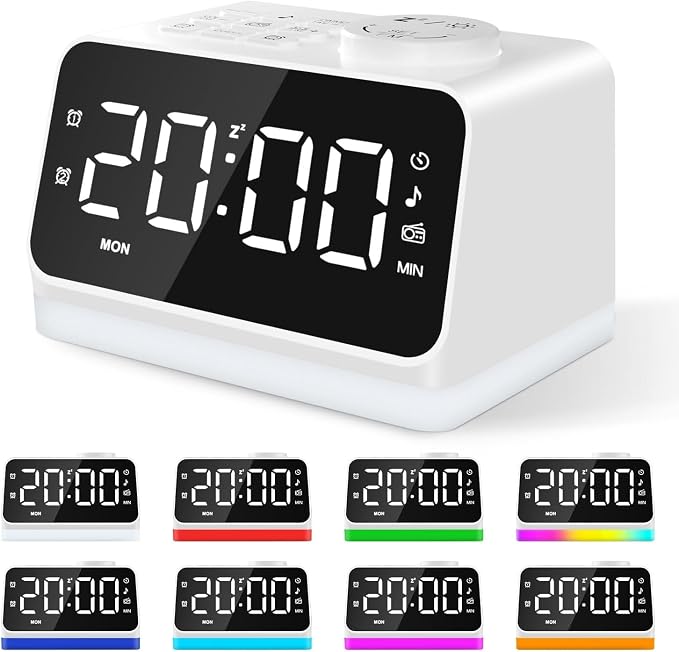 JALL Digital Alarm Clock with FM Radio for Bedroom, 8 Colors Night Light with 2 Charging Port, Sleep Sound Machines with Timer, Dual Alarm, Loud Alarm and Easy to Use for Seniors as Gift - Image 9