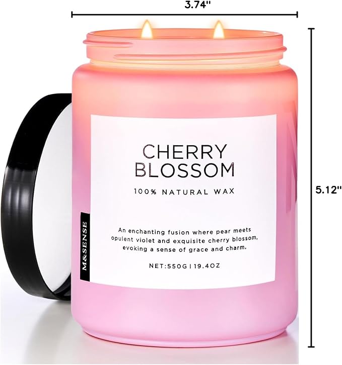 M&SENSE Large Cherry Blossom Scented Candle, 19.4oz Natural Soy Wax, 110-Hour Long Lasting, Non-Toxic Clean Burn, Spring Floral Scent for Relaxation, Home Fragrance Stress Relief Gift for Her