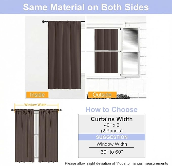 Simplebrand Ava Chocolate Short Blackout Curtains for Bedroom 45 Inches Long 2 Panels Set, Solid Thermal Insulated, Energy Saving Window Treatment Curtains Blackout Drapes, W40 x L45 Inch, Chocolate