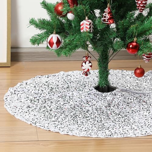 Mr. Pen- Small Christmas Tree Skirt 24 inch, Silver Sequin Tree Skirt - Image 4