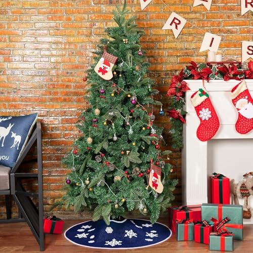 48 Inch Burlap Christmas Tree Skirt with White Snowflakes, Dark Blue - Image 6