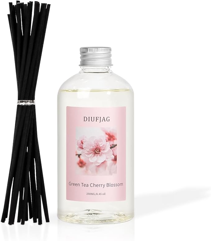 Green Tea Cherry Blossom Diffuser with 20 Black Fiber Sticks, 6.7 oz Diffusers for Home Essentials Bathroom,Last up to 60 Days???200ml