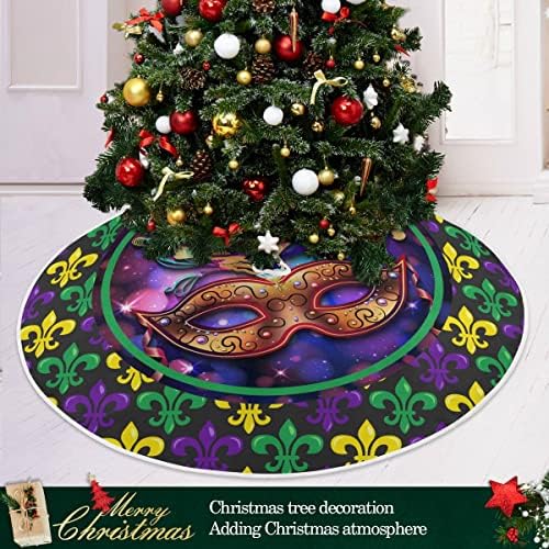 Mardi Gras Fleur de Lis Christmas Tree Skirt Decorations Masquerade Party Mask Beads Confetti Feather Xmas Tree Mat 48 inch for Holiday Party Supplies Rustic Ornaments Large Tree Skirt - Image 6