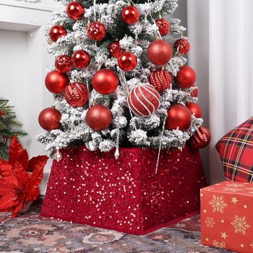 Red Christmas Tree Collars for Atificial Trees,24 Inch Sparkling Sequins Christmas Skirt, Base Cover,Holiday Home Decor Ring(Medium) - Image 6