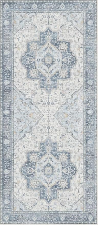 GENIMO Runner Rug 2'6"x6 Machine Washable Non Slip Vintage Hallway Runner Rug, Low Pile Lightweight Rugs for Indoor Entryway, Hallway, Kitchen and Corridor, Light Blue Beige