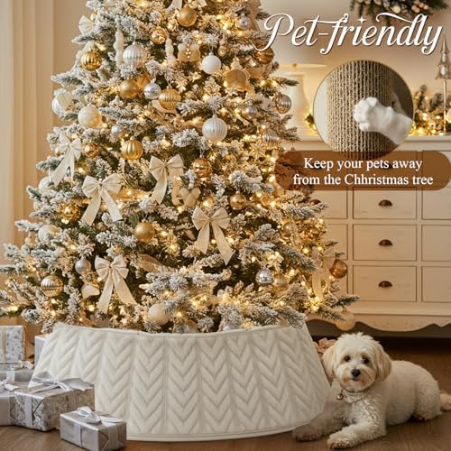 OurWarm Adjustable White Christmas Tree Collar, Rustic Faux Fur Tree Skirt for Xmas Trees Decorations, Farmhouse Christmas Tree Ring Base Cover Modern Boho Holiday Winter Decor - Image 6