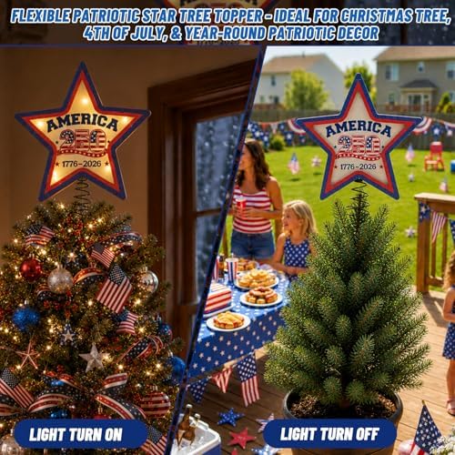 Lighted 4th of July Star Tree Topper, LED USA 250th Anniversary Wooden Patriotic Star Treetop Decoration, Battery Operated American Flag Star for Christmas Tree Independence Day Party Decor - Image 6
