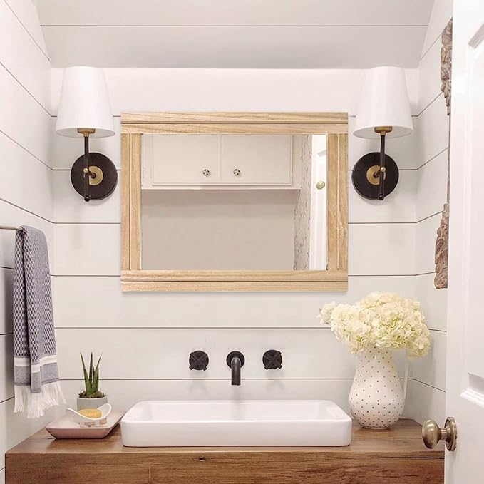 AAZZKANG Rustic Mirrors for Wall Rectangle Wood Frame Mirror 50 x 40 cm Farmhouse Bedroom Bathroom Decorative Mirror