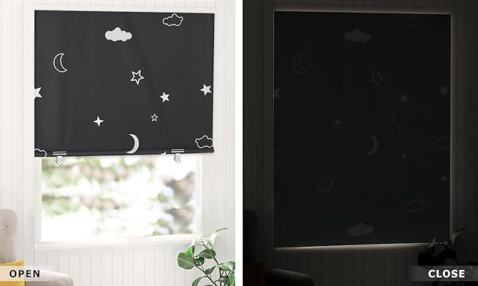 LazBlinds 100% Blackout Roller Shades, No Tools No Drill Cordless Blinds for Windows, Thermal Insulated UV Protection Privacy Window Shades for Bedroom (48''W x 72''H, Stars)