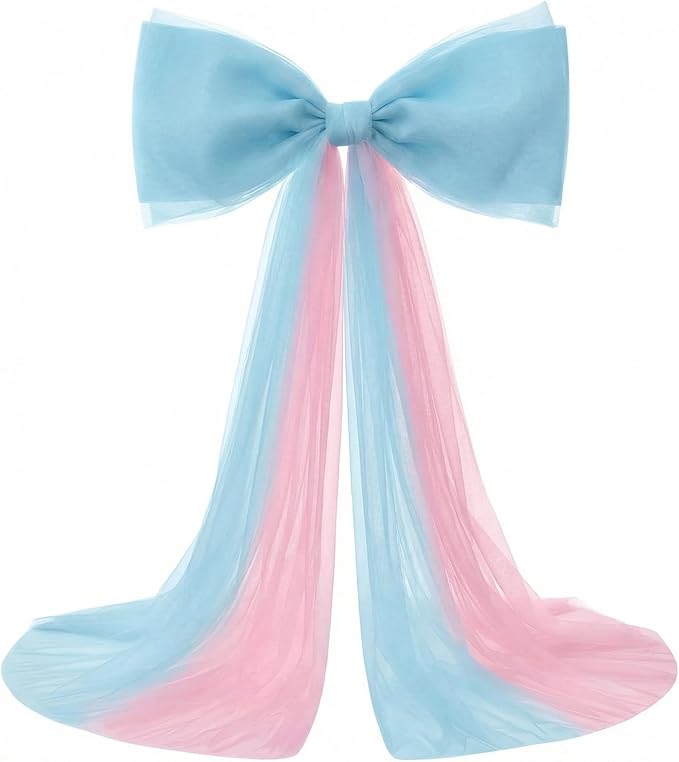 Canlierr Extra Large Pink and Blue Organza Bow Decorations 39 x 59 Inch Giant Pink Blue Tulle Bow with Tie and Long Ribbon Tails for Wedding Valentines Party Backdrop Coquette Room Wall Decoration