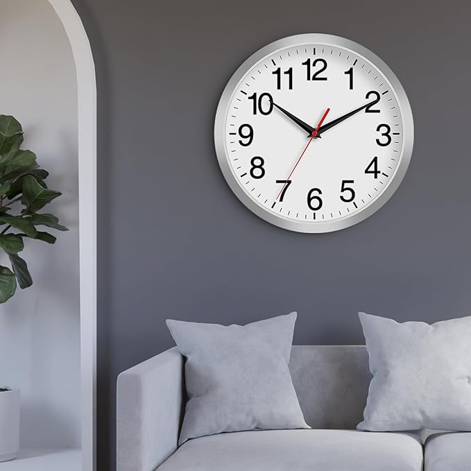 14 Inch Wall Clock Modern Battery Operated Silent Non Ticking Analog Clock Decorative for Bedroom Kitchen Bathroom Office Home Living Room (Silver)